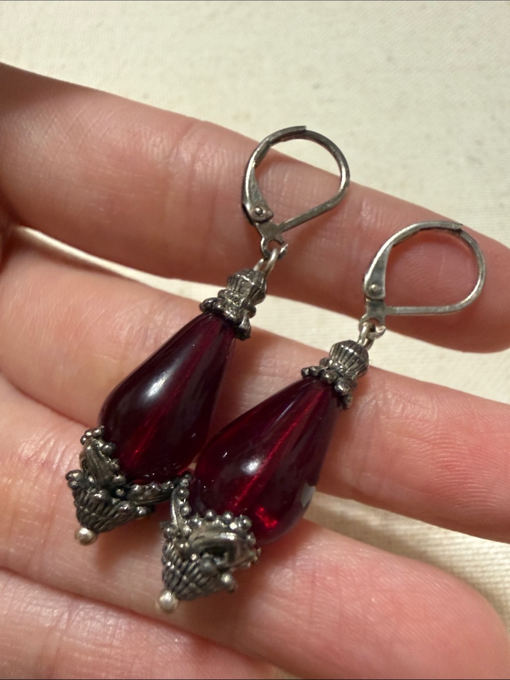 Elegant Sterling Burgundy Teardrop Dangle Earrings - Picture 3 of 10